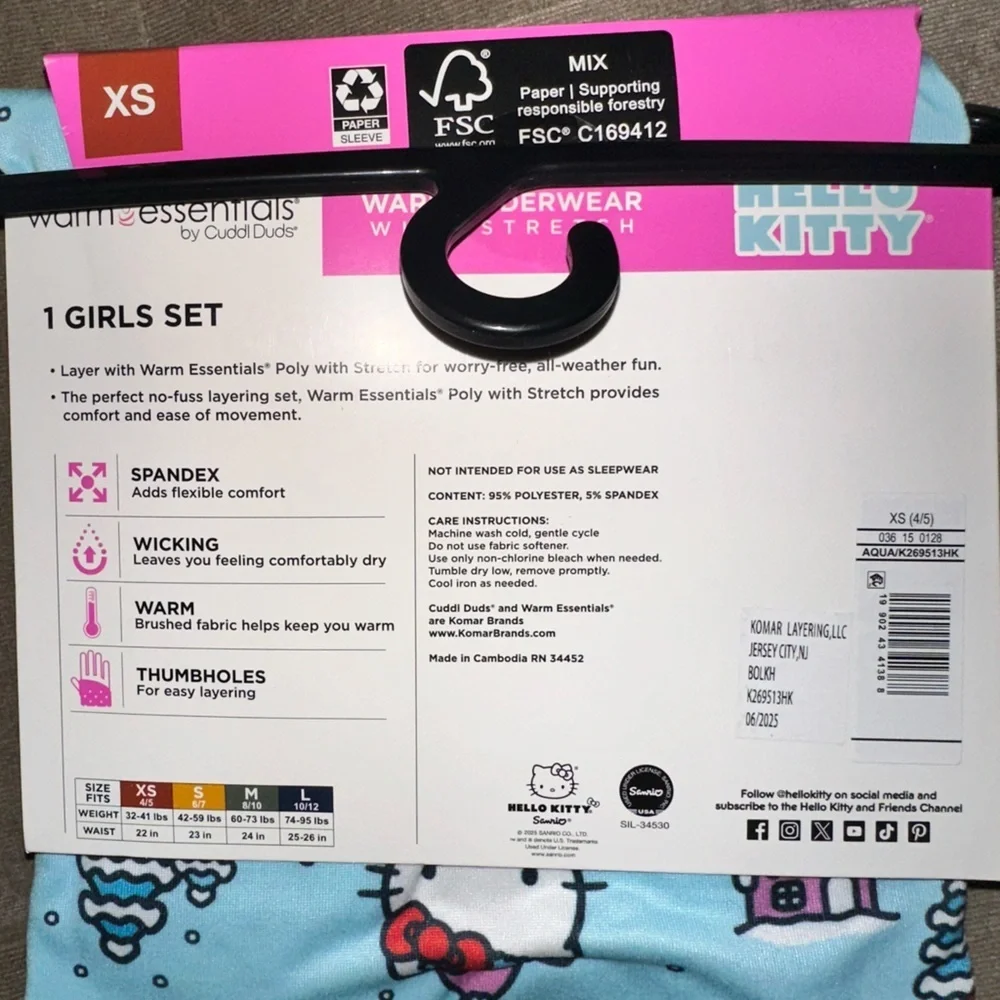 Warm Essentials by Cuddl Duds - Hello Kitty Girls Warm Underwear Set -NEW XS 4/5